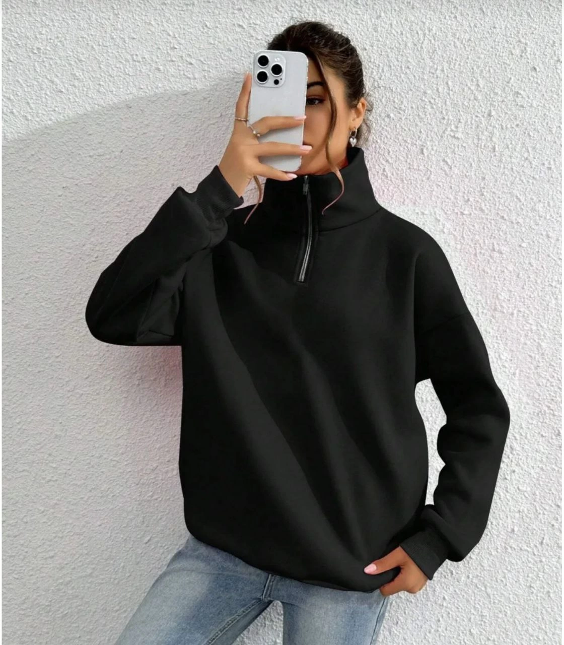 Kadın 3 iplik Pamuklu Uzun Kol Yarım Farmuarlı Yakalı SweatShirt - Siyah