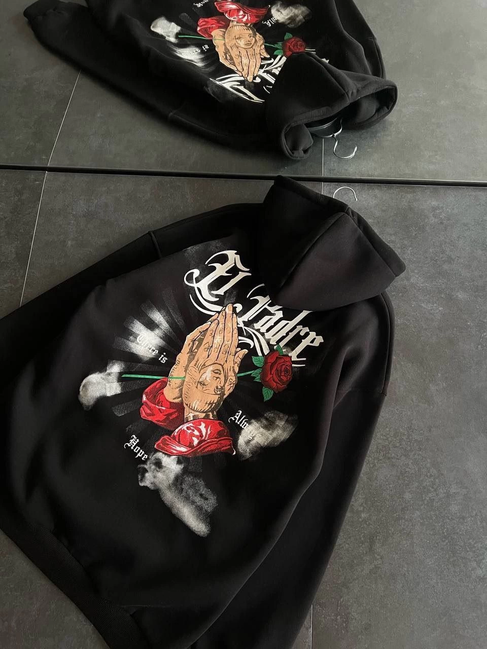 Kadın Oversize Kapüşonlu Cepli Baskılı 3 İplik Pamuklu Hoodie Sweatshirt - Siyah