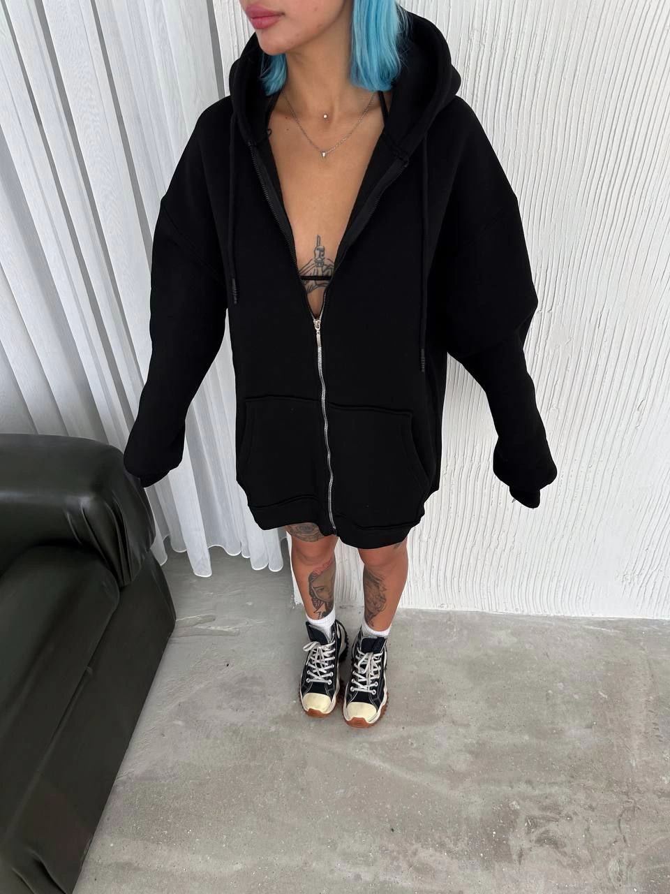 Kadın Tam Fermuarlı Cepli Kapüşonlu 3 iplik pamuklu hoodie Sweatshirt - Siyah