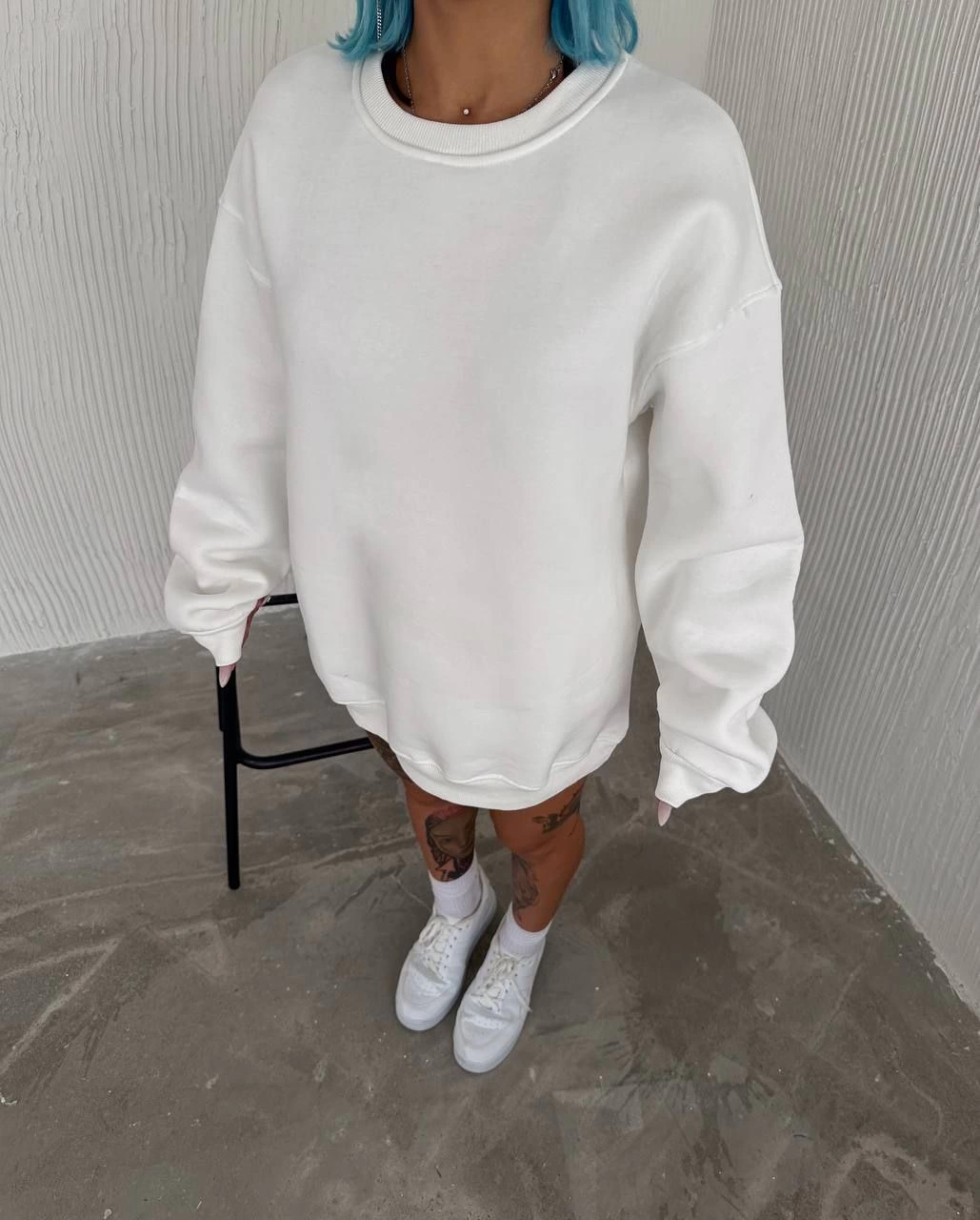 Kadın Bisiklet Yaka 3 İplik Pamuklu Basic SweatShirt - Beyaz