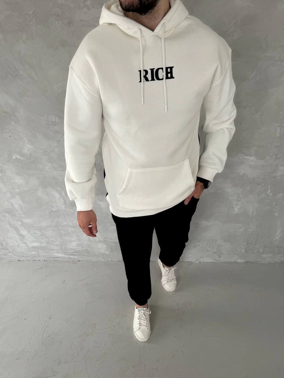 Erkek Kapüşonlu Kanguru Cepli Sweatshirt 3 İplik Pamuklu Baskılı Hoodie -  Beyaz