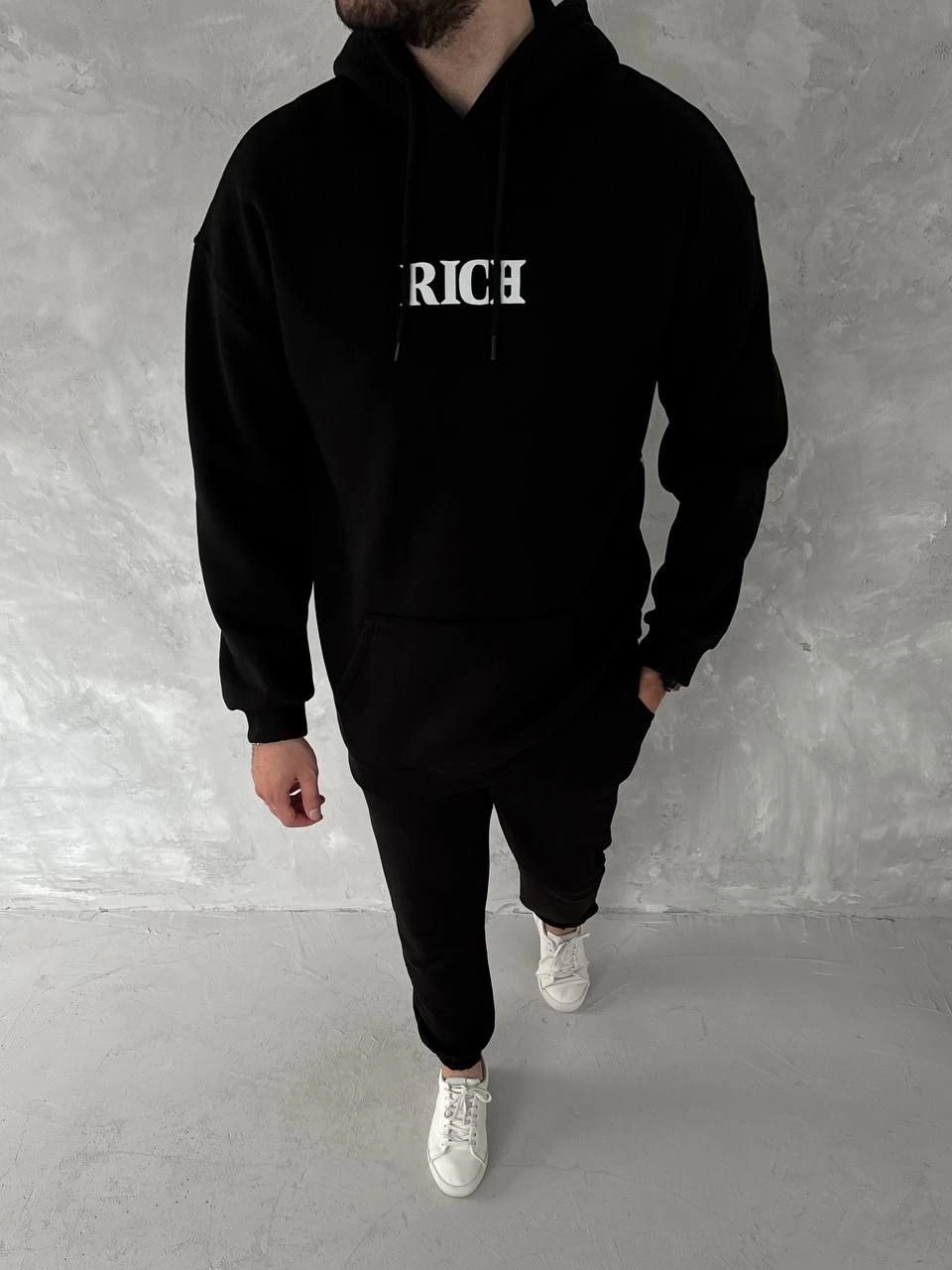 Erkek Kapüşonlu Kanguru Cepli Sweatshirt 3 İplik Pamuklu Baskılı Hoodie -  Siyah