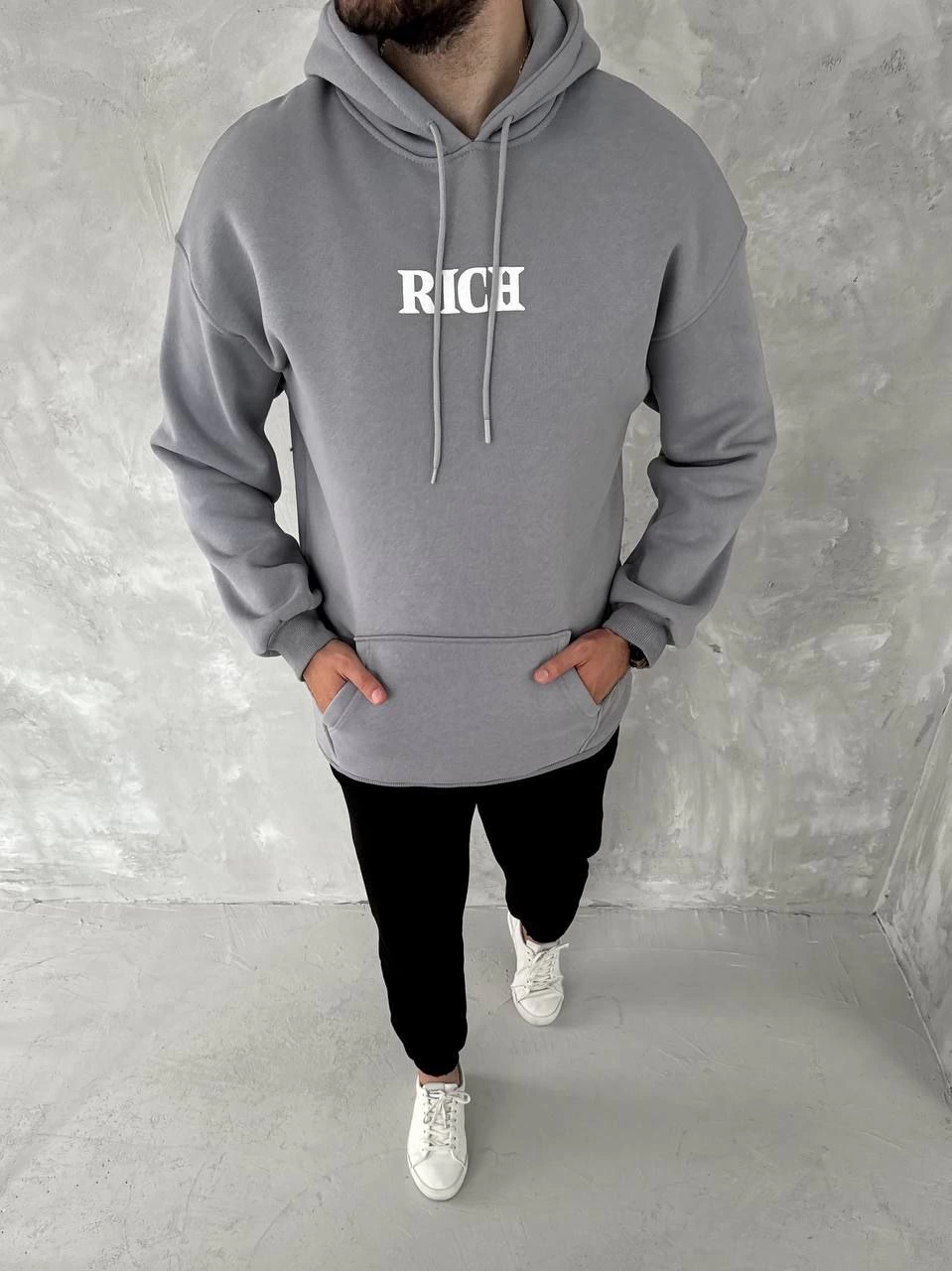 Erkek 3 İplik Pamuklu Kapüşonlu Kanguru Cepli Baskılı Oversize Hoodie Sweatshirt - Gri