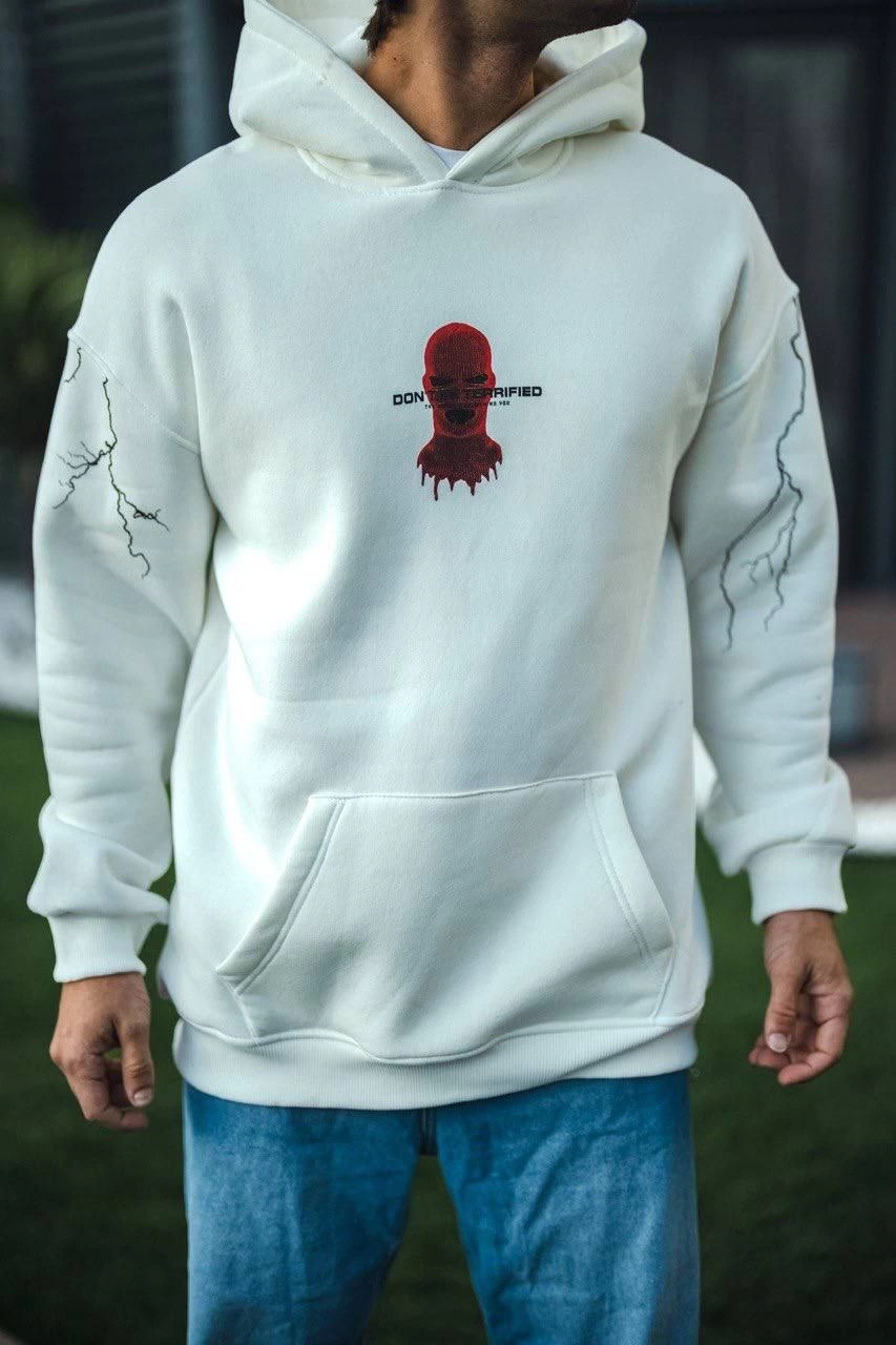 Erkek Kapüşonlu Kanguru Cepli Sweatshirt 3 İplik Pamuklu Baskılı Hoodie -  Beyaz