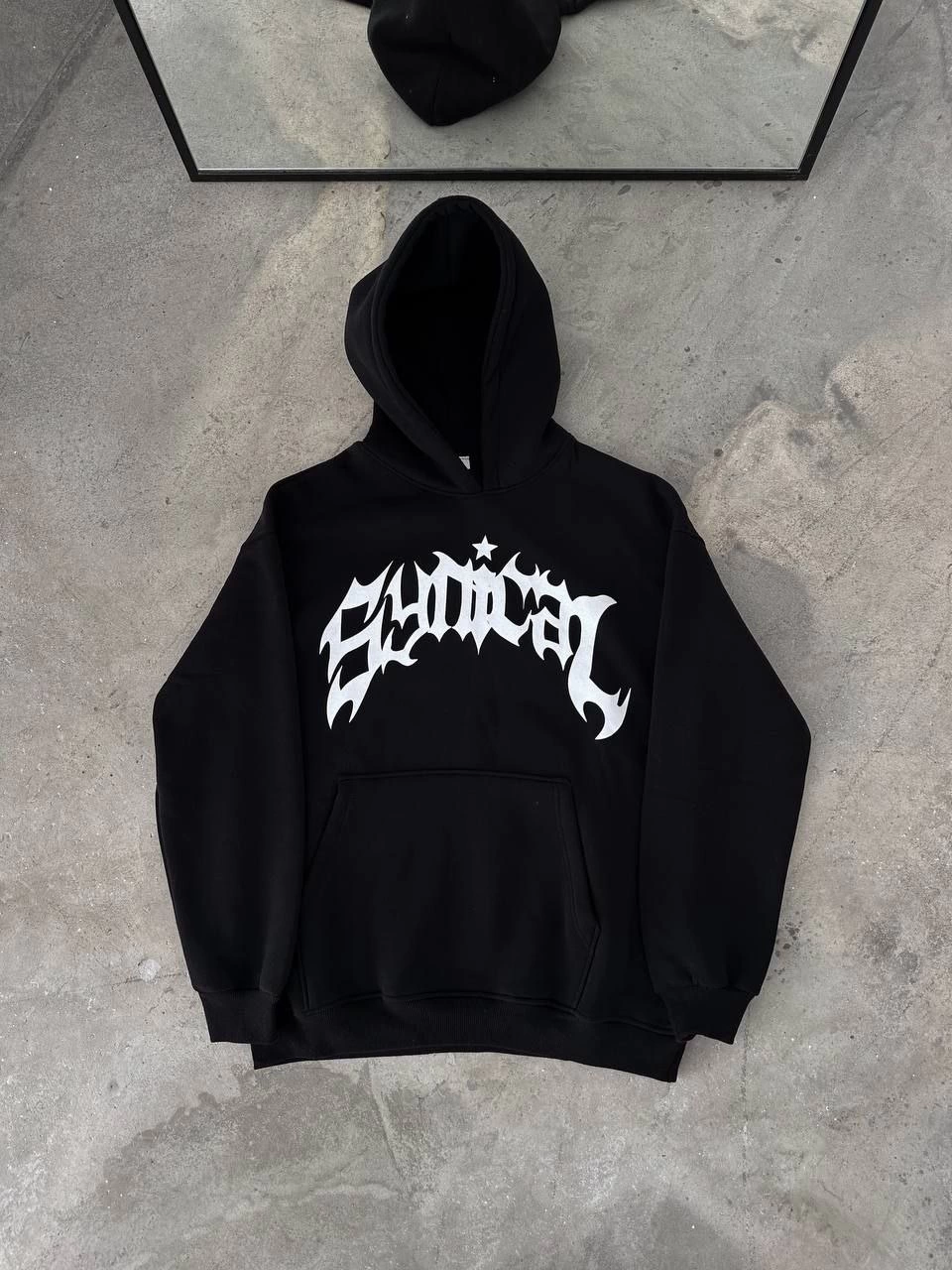 Kadın Kapüşonlu Kanguru Cepli Sweatshirt 3 İplik Pamuklu Baskılı Hoodie -  Siyah