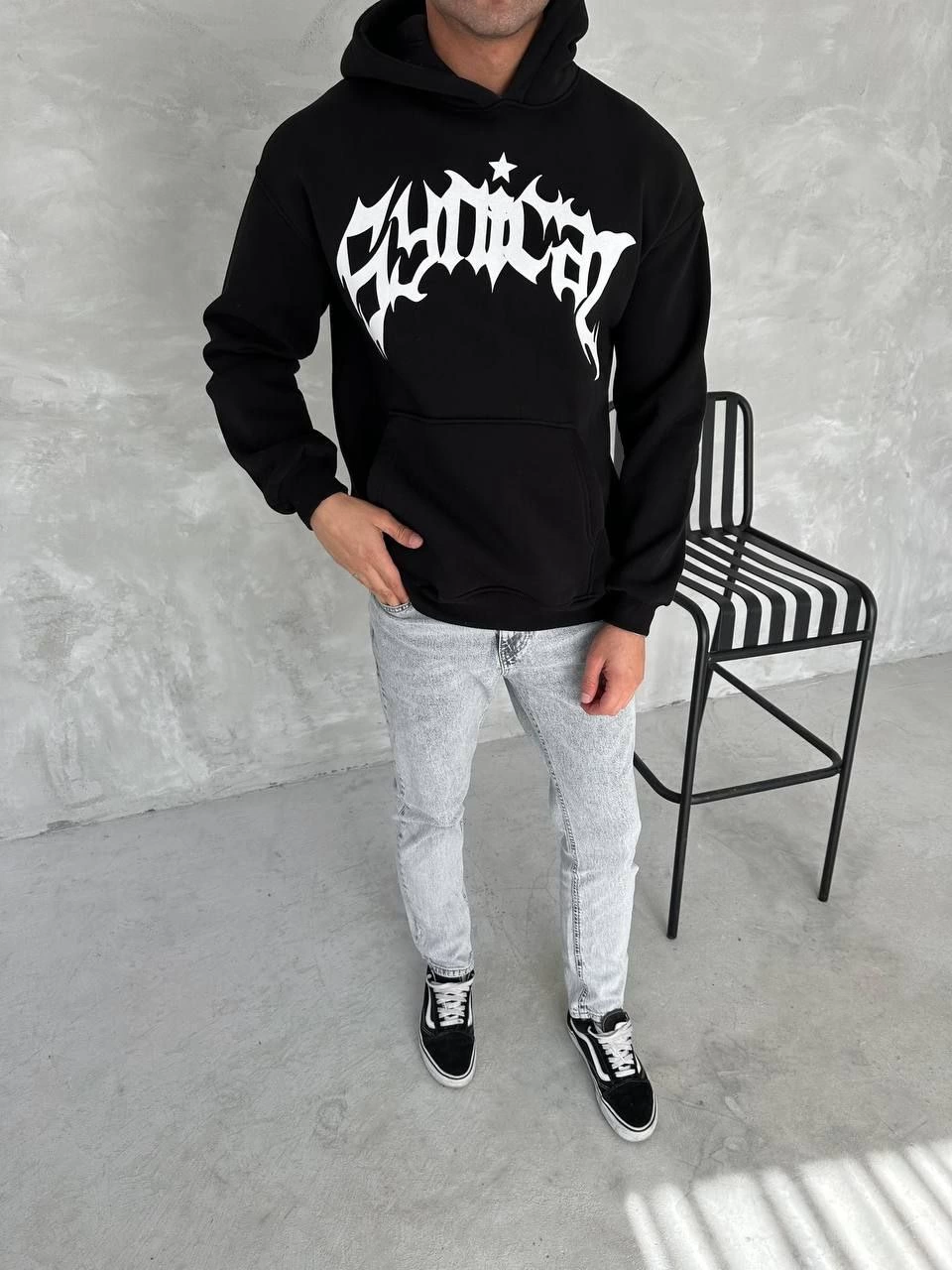 Erkek 3 İplik Pamuklu Kapüşonlu Baskılı Cepli Oversize Sweatshirt Hoodie - Siyah