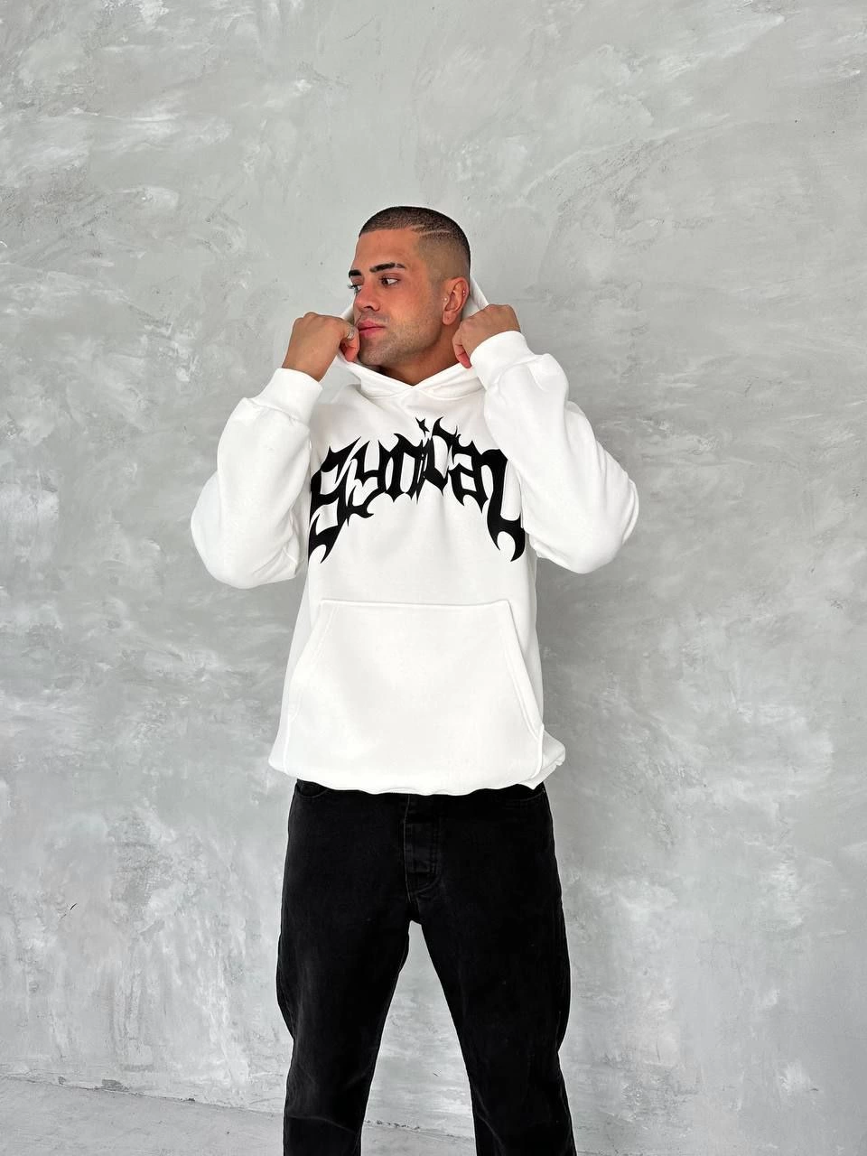 Erkek 3 İplik Pamuklu Kapüşonlu Baskılı Cepli Oversize Sweatshirt Hoodie - Beyaz