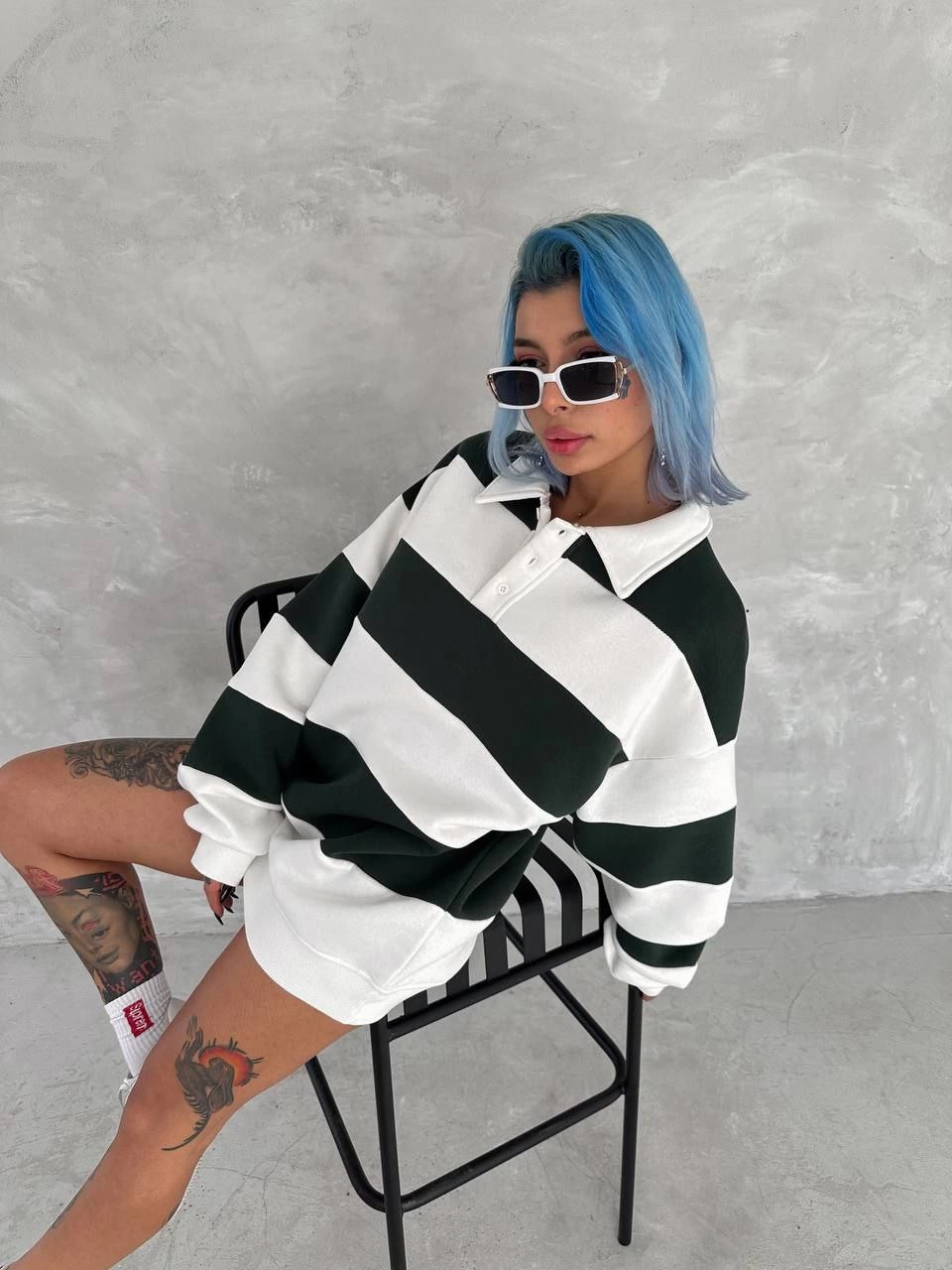 Kadın 3 iplik Pamuklu Parçalı Yakalı SweatShirt - Yeşil