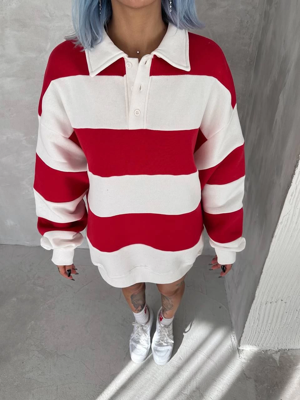 Kadın 3 İplik Pamuklu Parçalı Yakalı SweatShirt - Kırmızı