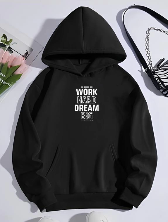 Kadın Oversize Kapüşonlu Cepli Baskılı 3 İplik Pamuklu Hoodie Sweatshirt - Siyah
