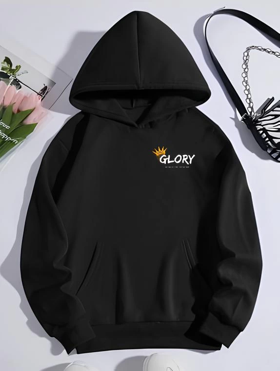 Kadın Oversize Kapüşonlu Kanguru Cepli Baskılı 3 İplik Pamuklu Sweatshirt Hoodie -   Siyah