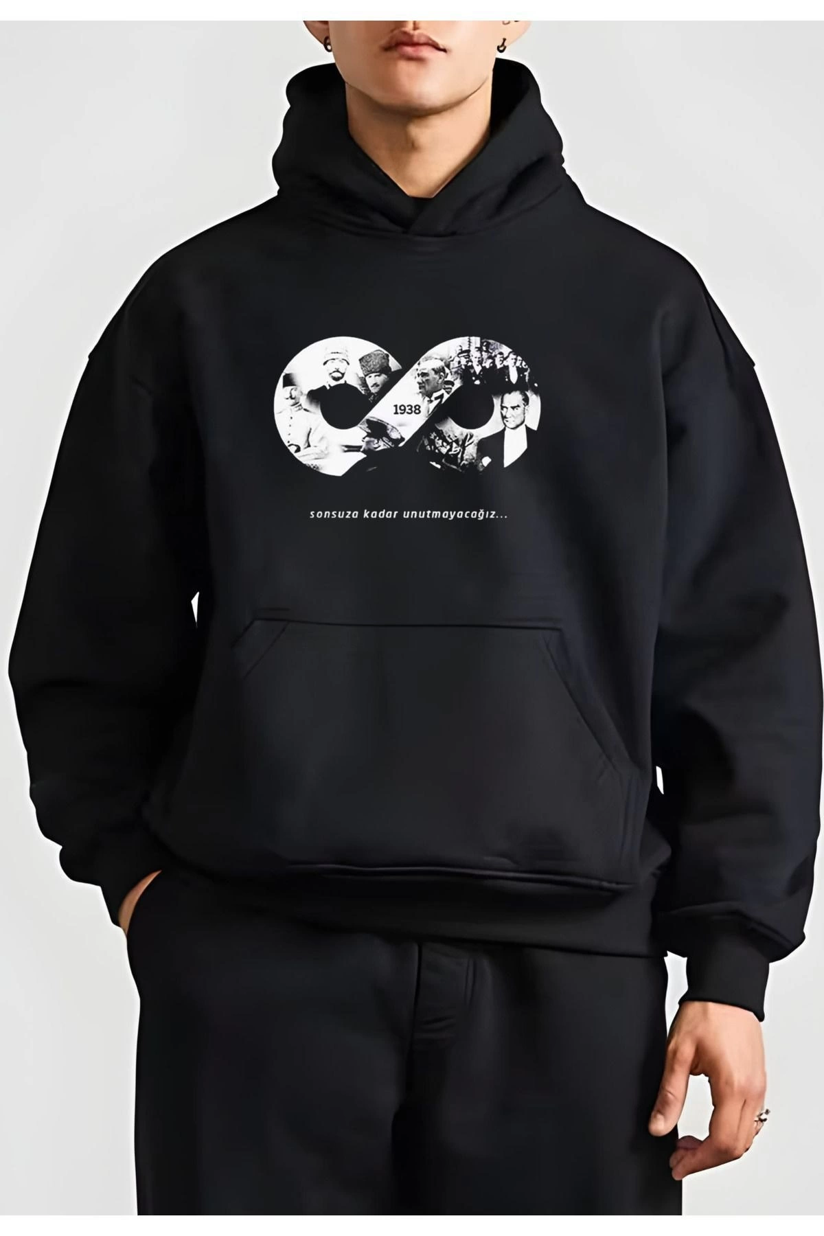 Erkek 10 Kasıma Özel 3 İplik Kapüşonlu Baskılı SweatShirt Hoodie - Siyah