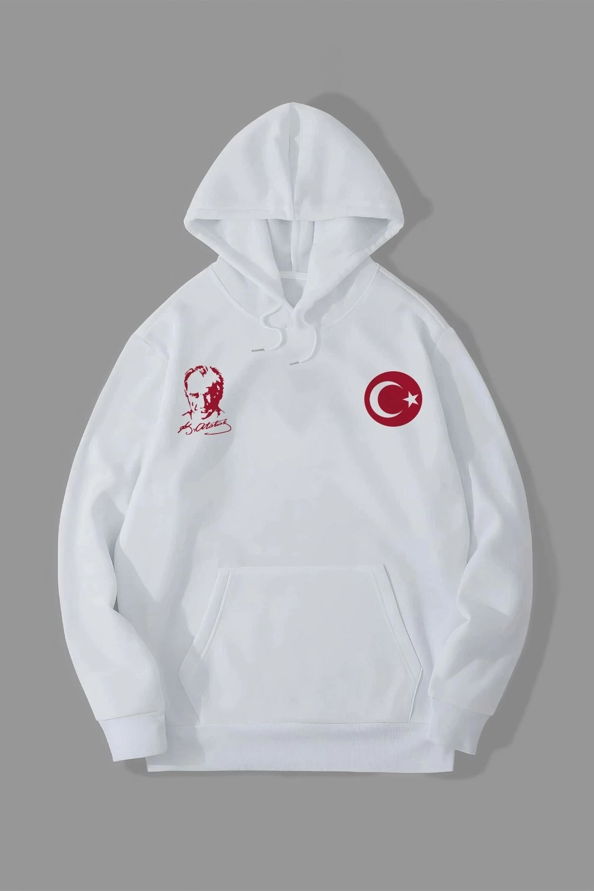 Erkek 10 Kasıma Özel 3 İplik Kapüşonlu Baskılı SweatShirt Hoodie - Beyaz