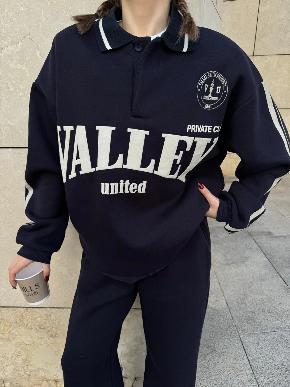 Kadın 3 İplik Pamuklu Yakalı Sweat Baggy Pantolonlu Alt-Üst Takım - Siyah