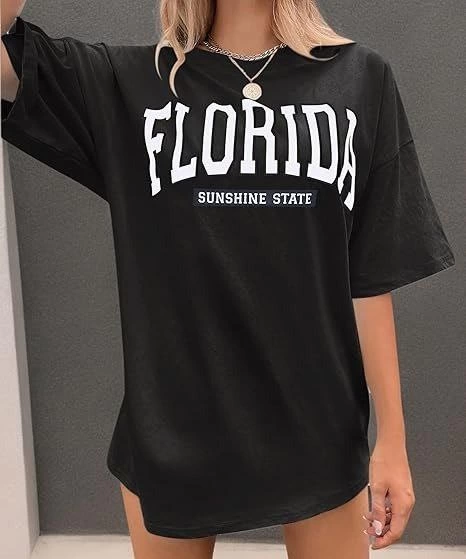 Kadın Kısa Kol Yazlık Tişört Bisiklet Yaka FLORIDA Baskılı T-Shirt - Siyah