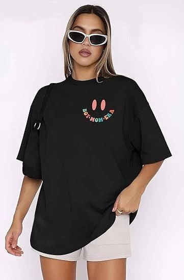 Kadın Baskılı T-Shirt Kısa Kol Bisiklet Yaka Oversize Rahat Kalıp Tişört - Siyah