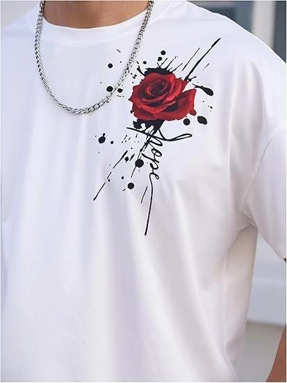 Erkek Kısa Kol Yazlık Tişört Bisiklet Yaka GÜL Baskılı T-Shirt - Beyaz