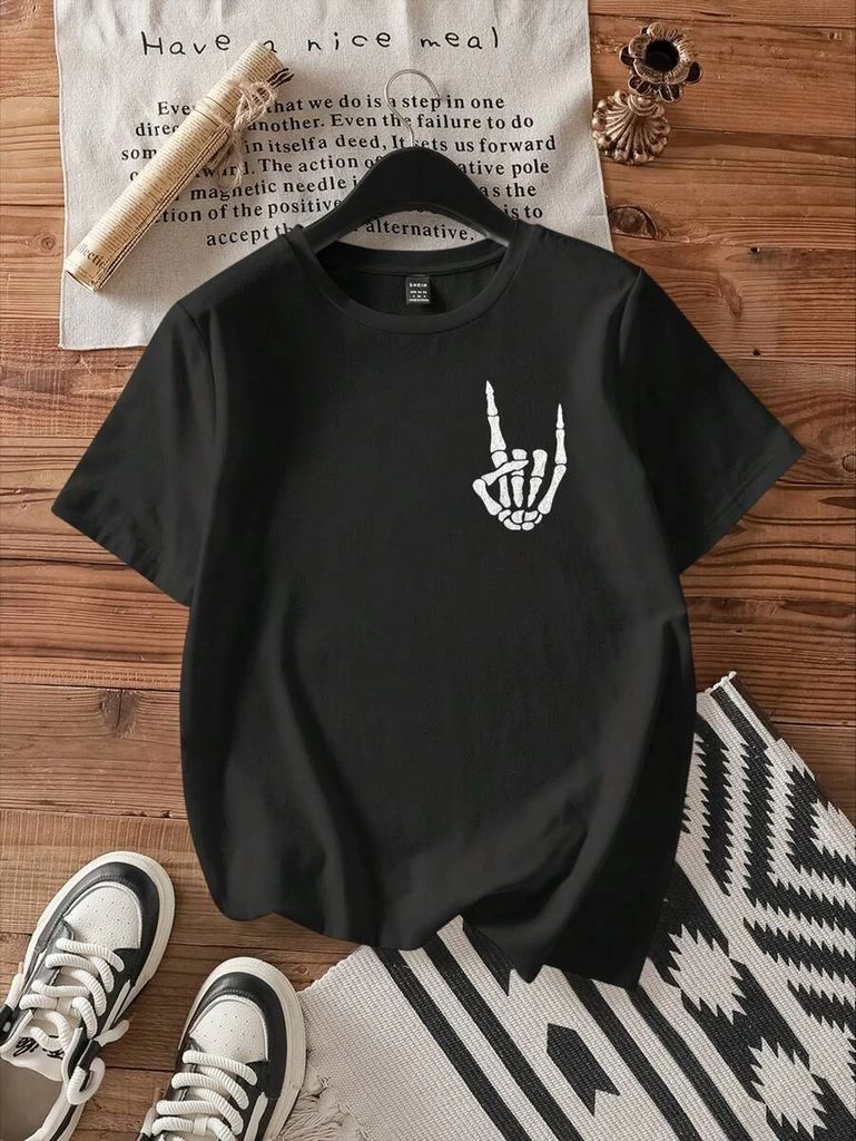 Kadın Baskılı T-Shirt Kısa Kol Bisiklet Yaka Oversize Rahat Kalıp Tişört - Siyah