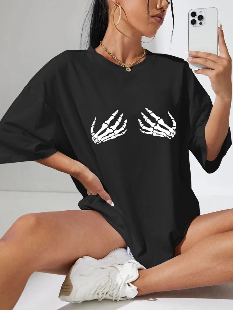 Kadın Baskılı T-Shirt Kısa Kol Bisiklet Yaka Oversize Rahat Kalıp Tişört - Siyah