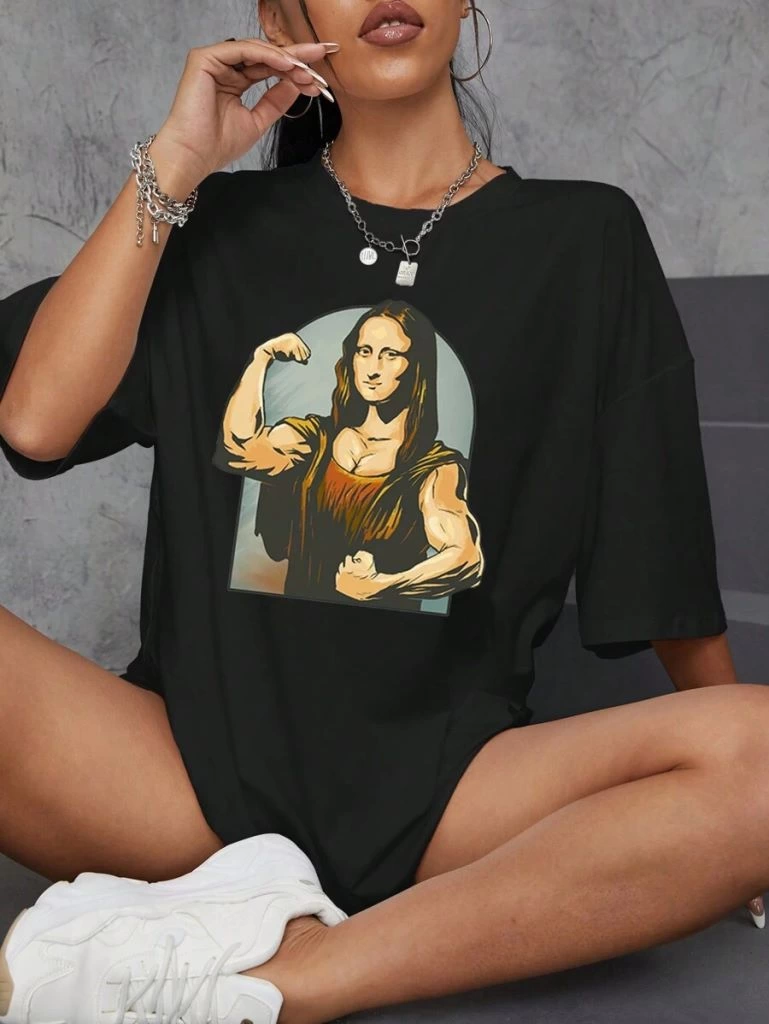 Kadın Baskılı T-Shirt Kısa Kol Bisiklet Yaka Oversize Rahat Kalıp Tişört - Siyah