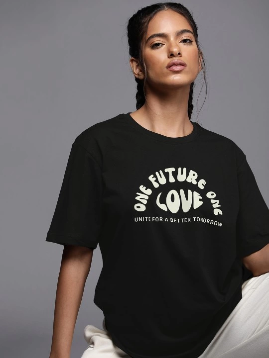 Kadın Baskılı T-Shirt Kısa Kol Bisiklet Yaka Oversize Rahat Kalıp Tişört - Siyah