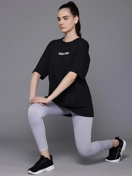 Kadın Baskılı T-Shirt Kısa Kol Bisiklet Yaka Oversize Rahat Kalıp Tişört - Siyah