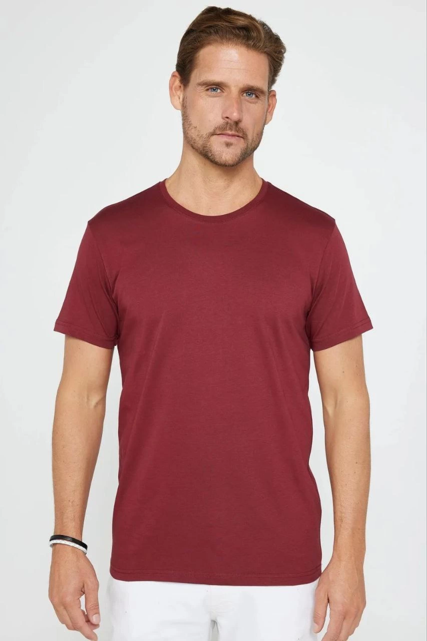 Erkek Düz Bisiklet Yaka Tişört Kısa Kol Yazlık T-Shirt -  Bordo