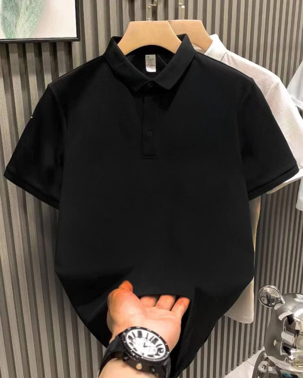 Erkek Polo Yaka Pike Kumaş Yazlık Tişört Düğmeli Düz kısa kol T-Shirt - Siyah