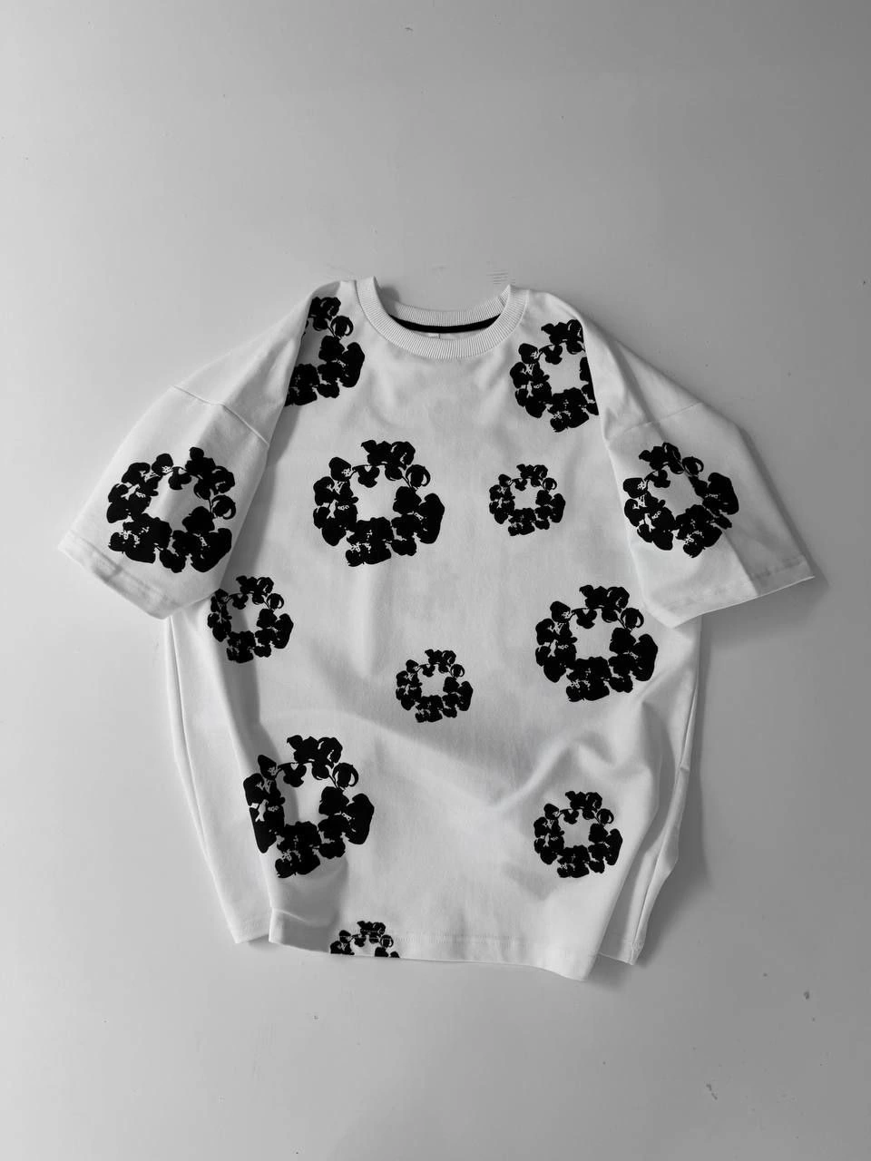 Erkek Tişört Ön ve Arka Baskılı Oversize Bisiklet Yaka T-shirt- Beyaz