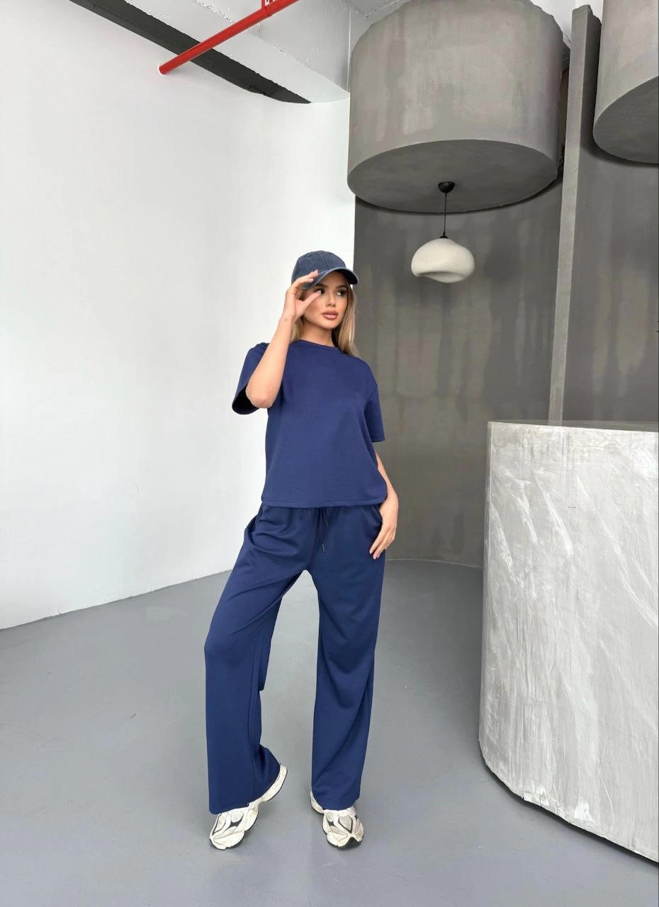 Kadın Osy Modal Yumuşak Dokulu Kumaş Kısa Kollu Bluz Rahat Pantolon ikili Takım- Lacivert