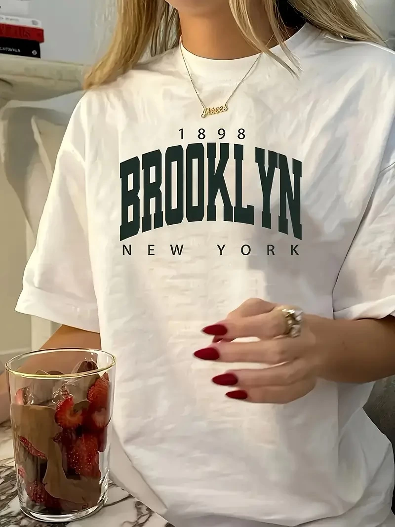 Kadın Tişört Bisiklet Yaka Brooklyn Baskılı Kısa Kollu T-shirt - Beyaz