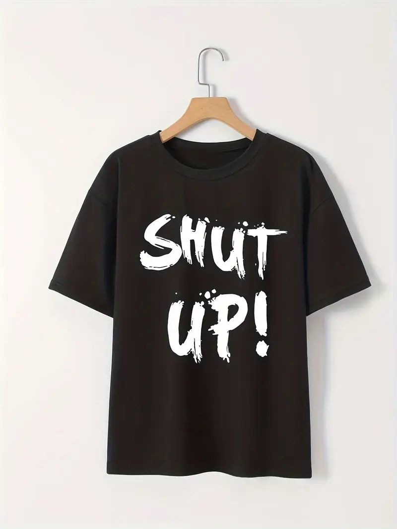 Kadın Tişört Shut Up Baskılı Kısa Kol Bisiklet Yaka T-Shirt - Siyah