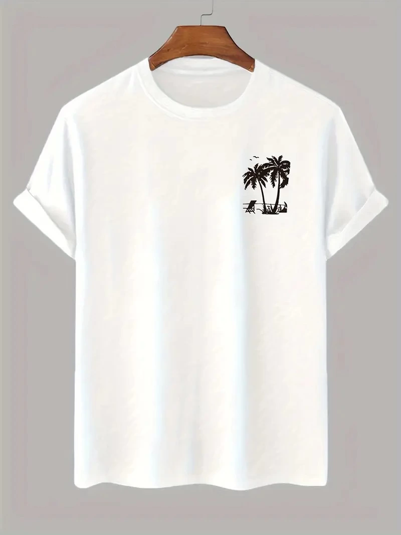 Erkek Kısa Kol Yazlık Tişört Bisiklet Yaka Palmiye Baskılı T-Shirt - Beyaz