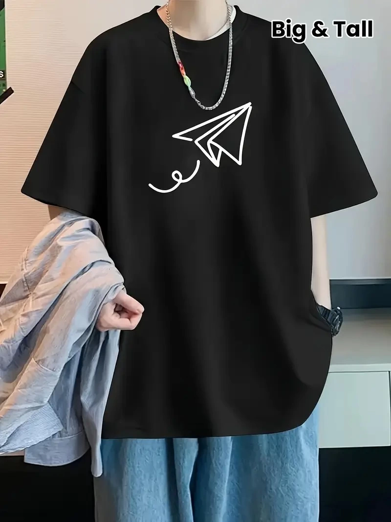 Erkek Kısa Kol Yazlık Tişört Bisiklet Yaka Baskılı Oversize T-Shirt - Siyah