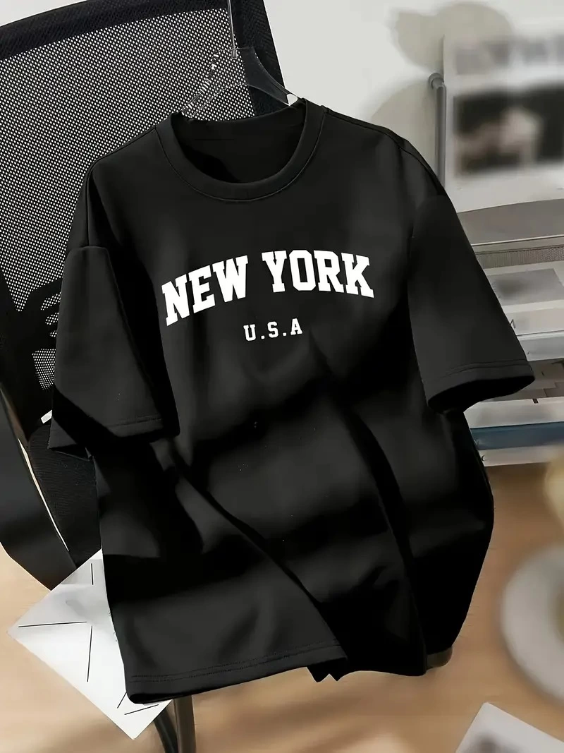 kadın New York Baskılı Tişört Kısa Kol Bisiklet Yaka T-shirt - Siyah