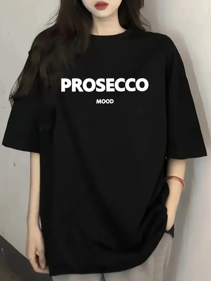 Kadın Kısa Kol Yazlık Tişört Bisiklet Yaka Baskılı Oversize T-Shirt - Siyah