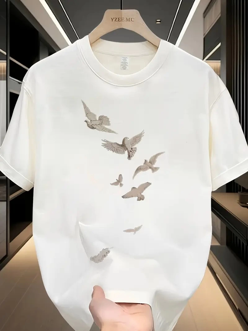 ERKEK Bisiklet yaka Tişört Özgür kuşlar Baskılı kısa kol T-shirt - Beyaz