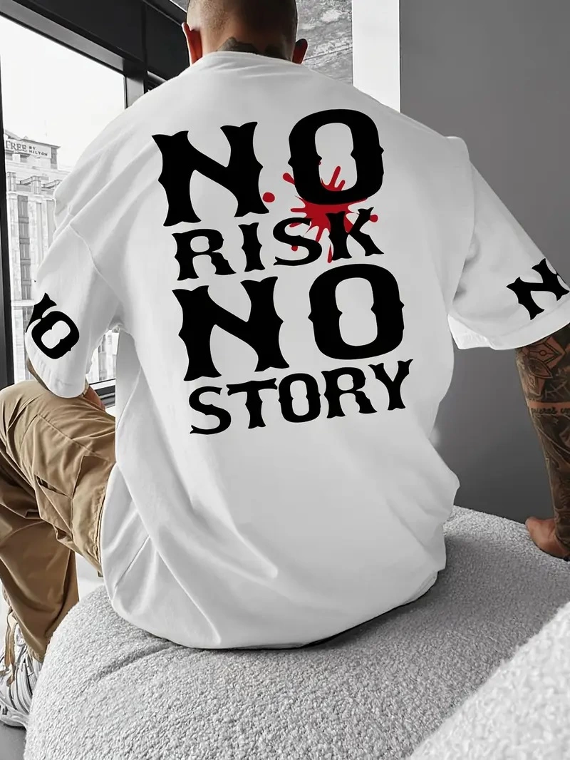 ERKEK T-Shirt  No Risk No Story Baskılı Bisiklet Yaka Tişört - Beyaz