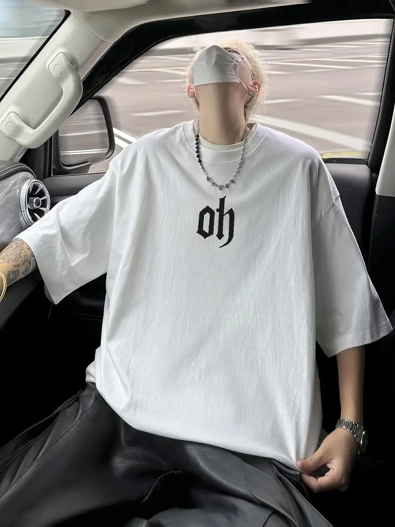 Erkek Kısa Kol Yazlık Tişört Bisiklet Yaka Baskılı Oversize T-Shirt - Beyaz