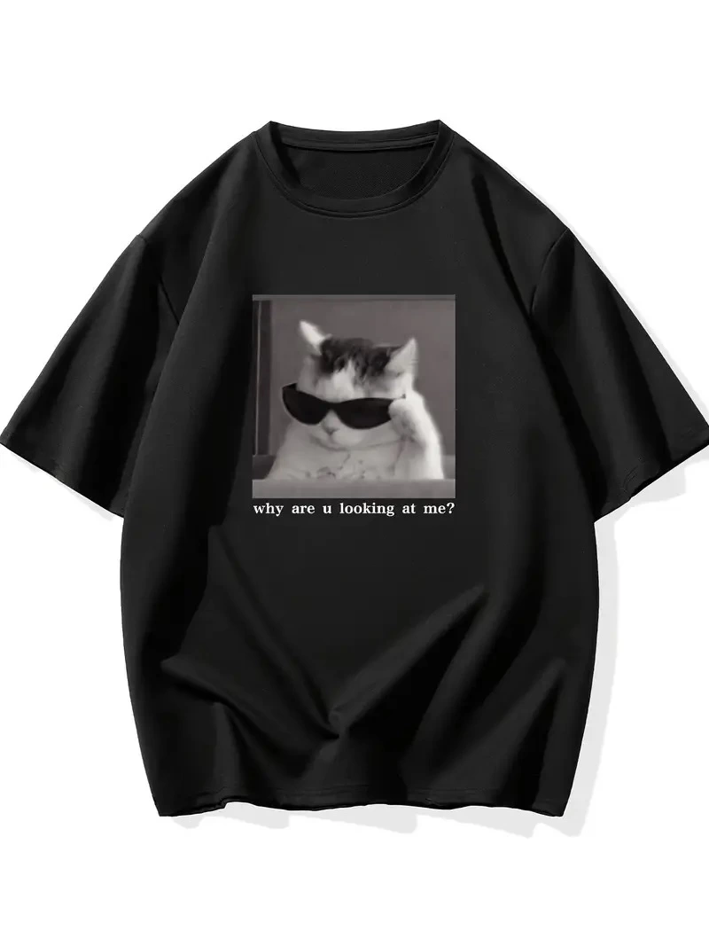 Erkek T-Shirt Komik Kedi Baskılı kısa kol Tişört - Siyah