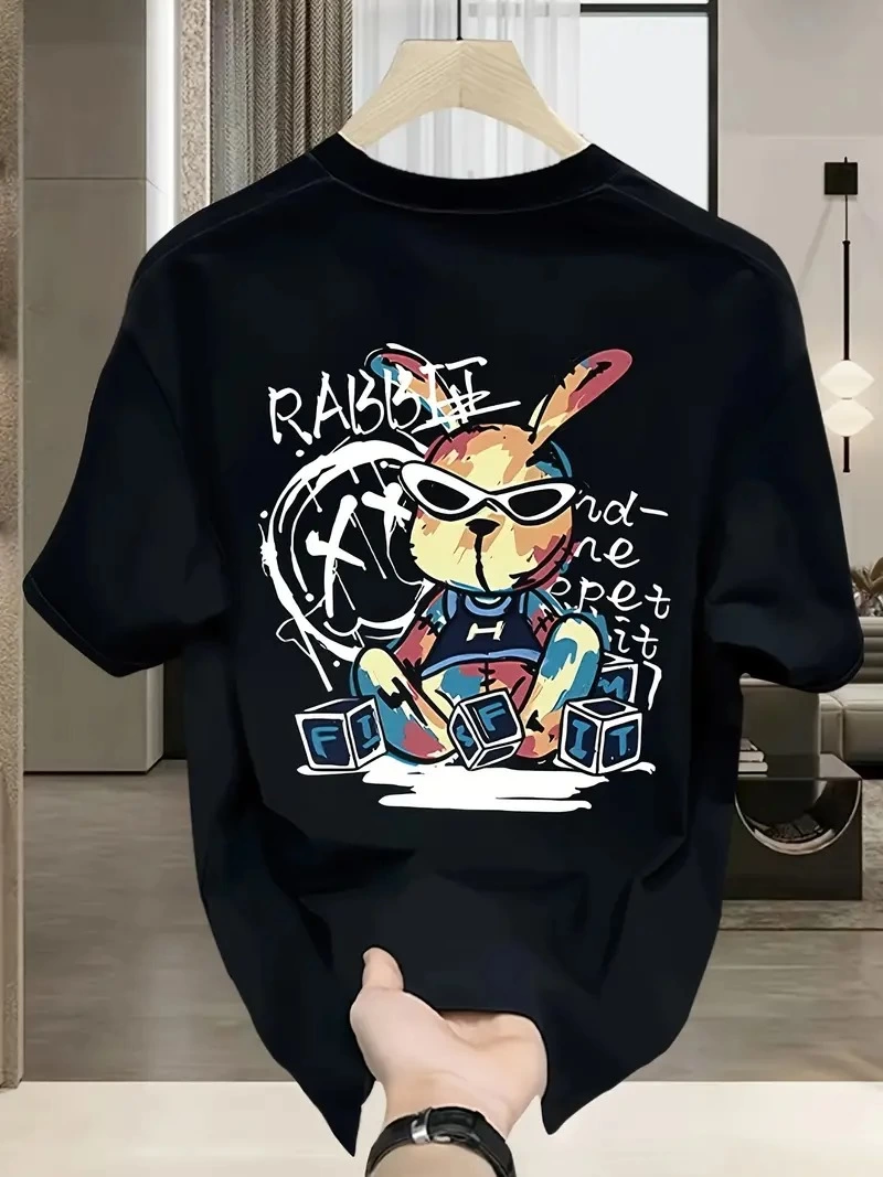 Erkek T-shirt Tavşan Baskılı Kısa Kollu Tişört - Siyah