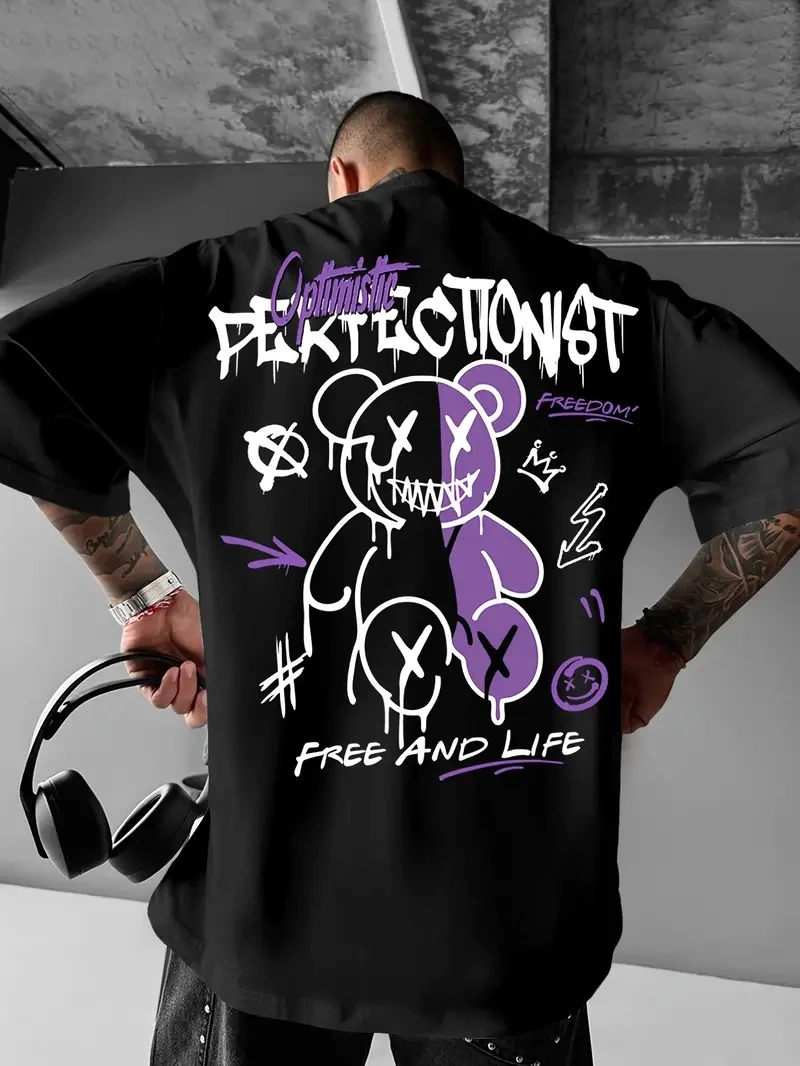 Erkek T-shirt Baskılı Bisiklet Yaka Kısa Kol Tişört - Siyah