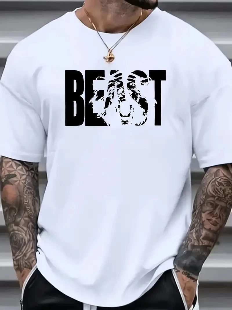 Erkek Baskılı Tişört Kısa Kol Bisiklet Yaka Oversize T-Shirt - Beyaz
