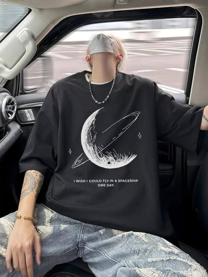 Erkek Baskılı Tişört Kısa Kol Bisiklet Yaka Oversize T-Shirt - - Siyah
