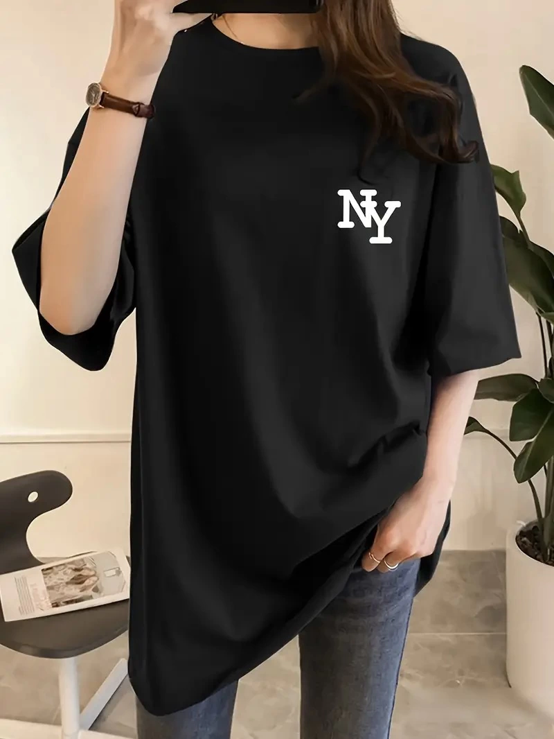 Kadın T-shirt Bisiklet yaka  NY Baskılı kısa kol Tişört - Siyah