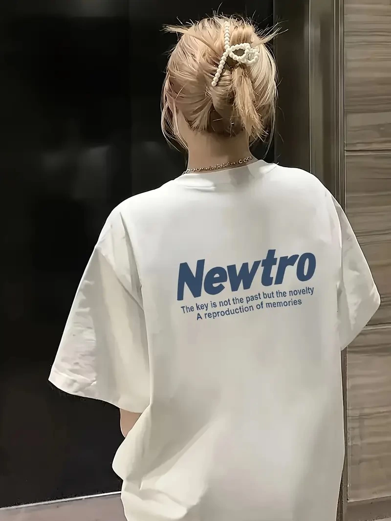 Kadın Tişört Newtro Baskılı Oversize Bisiklet Yaka T-shirt - Beyaz