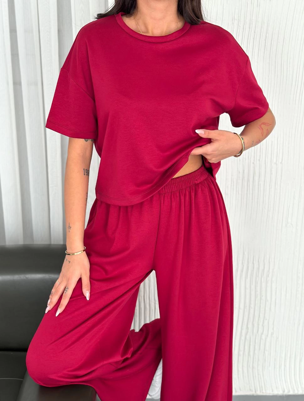 Kadın Osy Modal Bisiklet Yaka Tişört Bol Paça Pantolon İkili Takım - Bordo