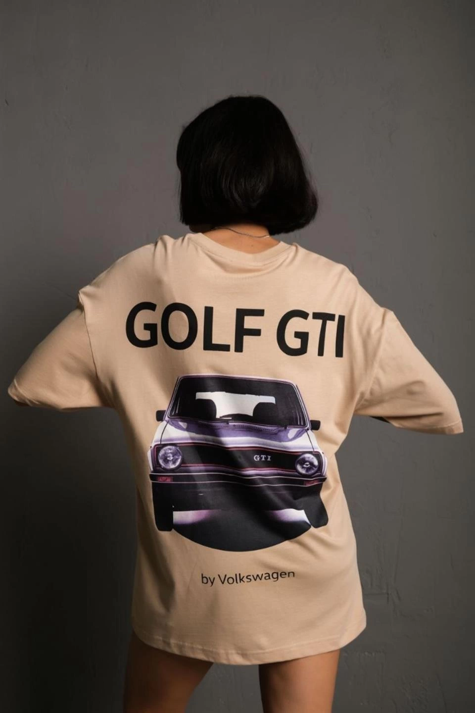Kadın Oversize Tişört Golf GTI Retro Araba Baskılı T-shirt - Bej
