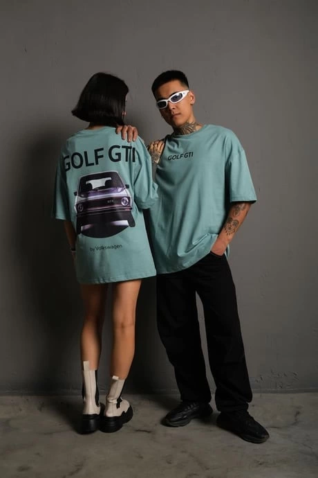 Kadın Oversize Tişört Golf GTI Retro Araba Baskılı T-shirt- Mint Yeşili