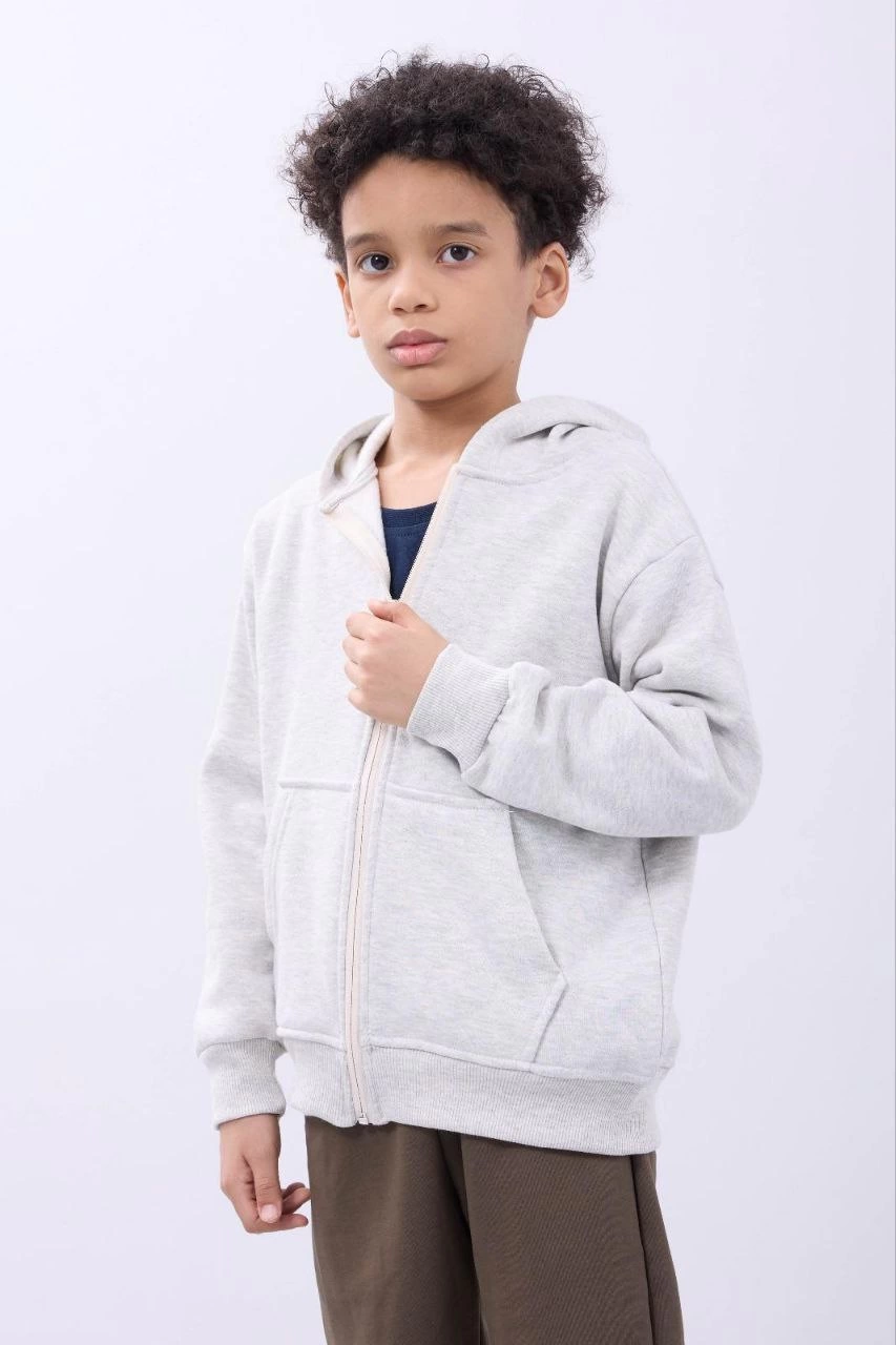 Erkek Çocuk Kapüşonlu Kanguru Cepli Tam Fermuarlı Hırka SweatShirt - Gri